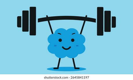 cute cartoon brain character lifting barbell weights on blue background for mental strength concept	
