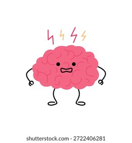 Personagem do cérebro de desenho animado bonito com marcas de raio expressando raiva chateado emoção ou estresse, saúde mental e conceito de problema. Ilustração vetorial