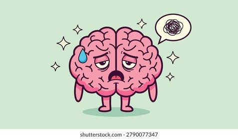 A cute cartoon brain character looking exhausted, stressed, and overwhelmed with a speech bubble showing confusion.
