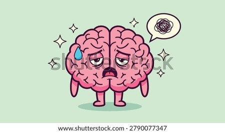 A cute cartoon brain character looking exhausted, stressed, and overwhelmed with a speech bubble showing confusion.