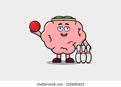 Cute cartoon Brain character playing bowling in flat modern style design illustration