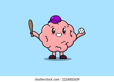 Cute cartoon Brain character playing baseball in modern style design