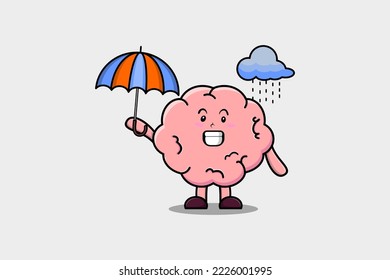 Cute cartoon Brain character in the rain and using an umbrella in flat modern style design