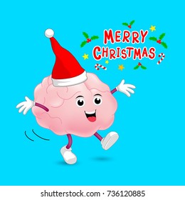 Cute cartoon brain character with Santa hat. Merry Christmas and Happy New Year concept, illustration isolated on blue background.