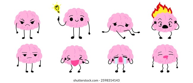 Cute cartoon brain character set. Depression, burnout, happy, sad, apathy, mental problems concept. Antidepressants and serotonin. Stock vector illustration isolated on white background.