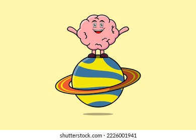 Cute cartoon Brain character standing in planet vector icon illustration