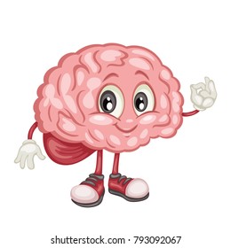 Cute Cartoon Brain Character Vector Illustration. Funny Human Brain Mascot