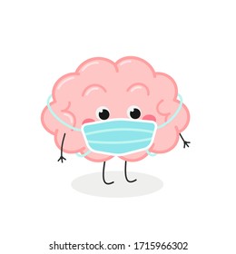 Cute Cartoon Brain Character Wearing Medical Face Mask. Vector Flat Illustration Isolated On White Background 