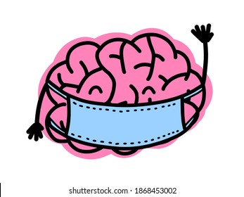 Cute cartoon brain character wearing medical face mask. Vector flat illustration isolated on white background. Doodle cartoon design concept for your medical projects posters. Stop disease concept
