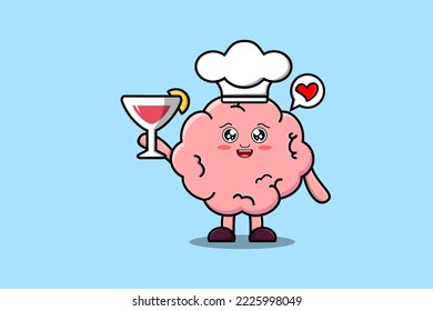 Cute cartoon Brain chef character holding wine glass flat cartoon style illustration
