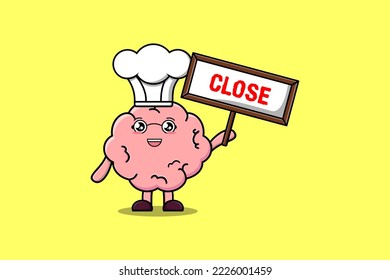 Cute cartoon Brain chef character holding close sign board designs in flat cartoon style