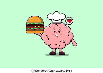 Caricatura barata personaje de chef cerebral sostiene hamburguesa en ilustración de estilo de dibujos animados planos