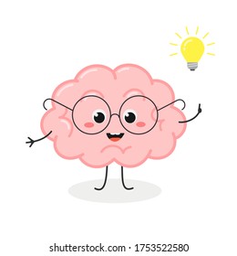 Cute Cartoon Brain Comes Up With A Bright Idea. Vector Flat Illustration Isolated On White Background 