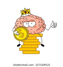 Cute cartoon brain in crown with gold coins on white background. Funny vector illustration. Concept of idea,  intellect, human mind. Heath body and medicine. 