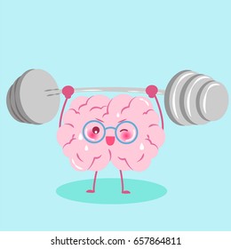 cute cartoon brain with dumbbell on the green background