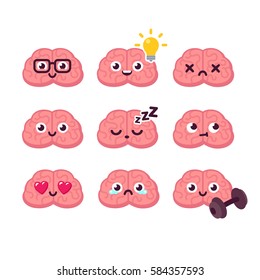 Cute cartoon brain emoticons set.