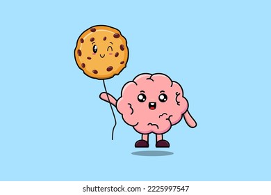 Cute cartoon Brain floating with biscuits balloon in flat cartoon vector icon illustration