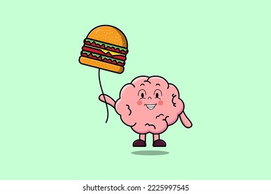 Cute cartoon Brain floating with burger balloon in flat cartoon vector icon illustration