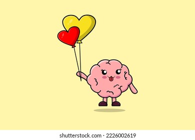 Cute cartoon Brain floating with love balloon cartoon vector illustration