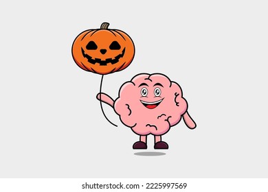 Cute cartoon Brain floating with pumpkin halloween balloon in flat cartoon icon illustration