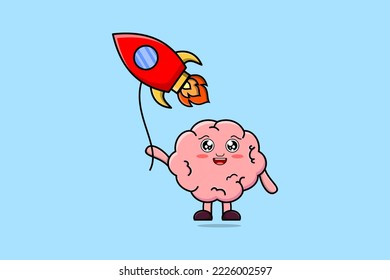 Cute cartoon Brain floating with rocket balloon cartoon vector illustration