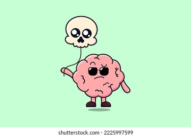 Cute Cartoon Brain Floating mit Schädelballon in flachem Cartoon Vektorsymbol