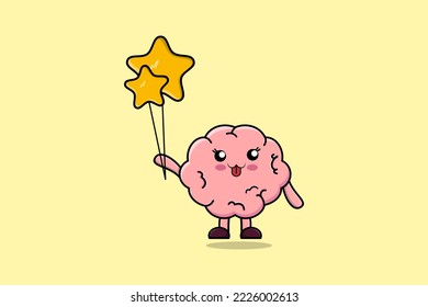 Cute cartoon Brain floating with star balloon cartoon vector illustration