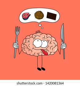 Cute cartoon brain with a fork and a knife thinks about a healthy meal - chocolate, nut and fish on pink background. Funny vector illustration.	
