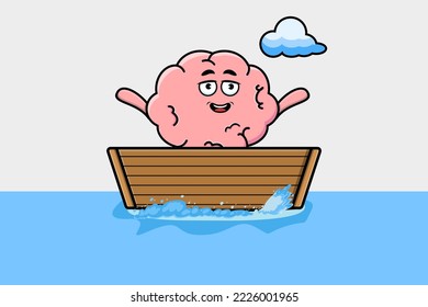 cute cartoon Brain get on boat in vector character illustration