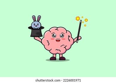 cute cartoon Brain magician character with bunny character coming out from magic hat