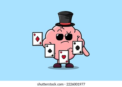 Cute cartoon Brain magician character playing magic cards in flat cartoon style illustration