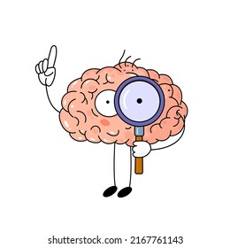 Cute cartoon brain with magnifier on white background. Funny vector illustration. Concept of idea,  intellect, human mind, search for ideas. Heath body and medicine.