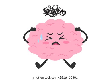 Cute cartoon brain with overwhelmed expression. Mental health symbol, mindfulness, emotional concept. Flat cartoon vector illustration