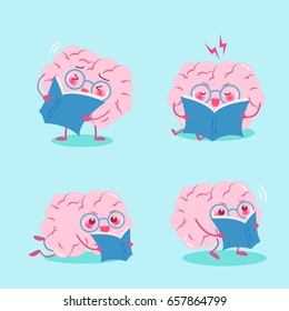 cute cartoon brain read book on the green background