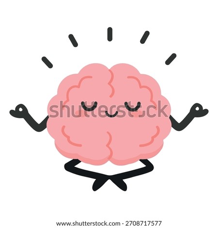 Cute cartoon brain sitting in a calm meditation pose with closed eyes, peaceful mood, soft colors, simple clean background, relaxing and positive energy.