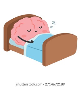 Un lindo cerebro de dibujos animados durmiendo en la cama en un estilo tranquilo y relajante Ideal para el sueño, el bienestar, la salud mental, los conceptos de descanso, la educación, los gráficos y los diseños pacíficos