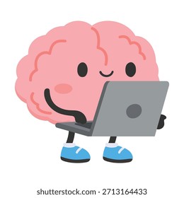 Un cerebro lindo de la historieta que utiliza una computadora portátil en un estilo inteligente divertido Ideal para la educación Conceptos de tecnología de aprendizaje de salud mental Gráficos de productividad Diseños de niños e ideas creativas