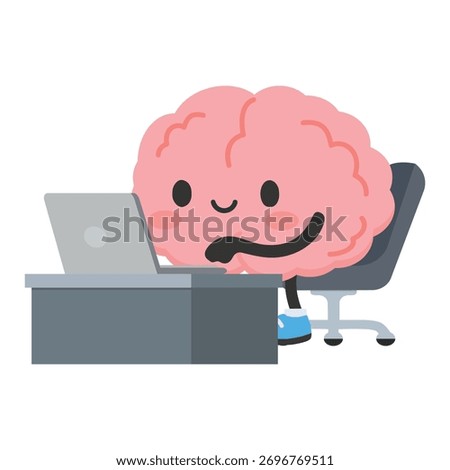 Cute cartoon brain working at a desk with computer. Concept of productivity, focus, creativity, and modern digital work lifestyle.