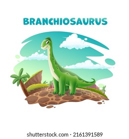 cute cartoon branchiosaurus on green meadow landscape 
with nature trees clouds plants