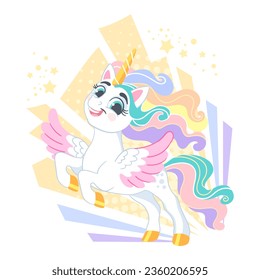 Cute cartoon brave and proud character unicorn. Vector illustration isolated on a white background. Happy magic unicorn. For print, design, poster, sticker, card, decoration, t shirt, kids clothes