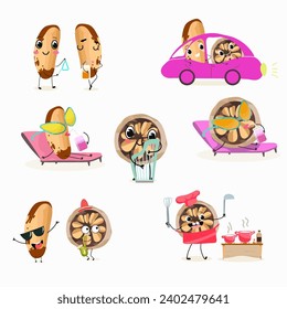 Cute cartoon brazil nut character set, collection. Flat vector illustration. Classes, playing musical instruments, sports, funny nuts.