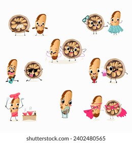 Cute cartoon brazil nut character set, collection. Flat vector illustration. Classes, playing musical instruments, sports, funny nuts.