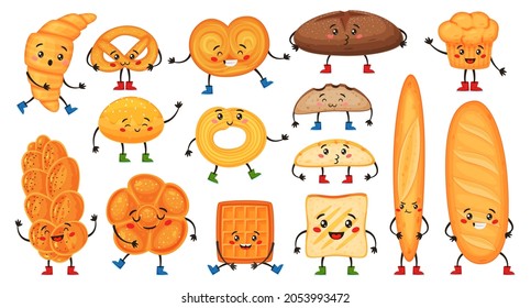 Cute cartoon bread characters with happy faces. Funny croissant, muffin, baguette, pretzel and toast. Bakery mascot character vector set. Fresh snack for morning breakfast with cheerful expression