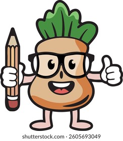 Cute Cartoon Bread Holding a Pencil and Giving Thumbs Up pose. Fun Friendly Food Character vector art mascots. Vector Illustration for kids isolated on white background. 