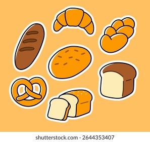 Cute Cartoon Bread Set - Loaf, Pretzel, Croissant, Bun and Sliced Bread on Orange Background