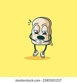 A cute cartoon bread slice character is depicted feeling shy, covering its face with its hands.