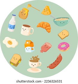 Cute Cartoon Breakfast Elements and Croissant Cereal Milk Cheese Tea  Premium Vector