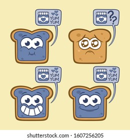 Cute cartoon breakfast lunch toast and blueberries jam kawaii set emotion  