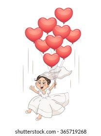 Cute cartoon bride with balls isolated on white background. Fun vector illustration of happy girl in white dress flying in the sky. Lovely wedding character in pastel colors.