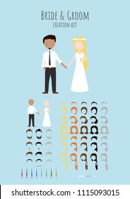 Cute cartoon Bride and Groom vector wedding illustration creation set template. Hair style, accessories, hair colour. Mixed couple, interracial.